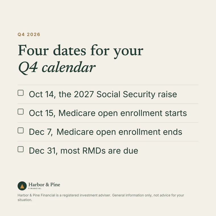Four dates that can anchor the quarter. Watt drew this list for its sample firm, Harbor & Pine Financial.