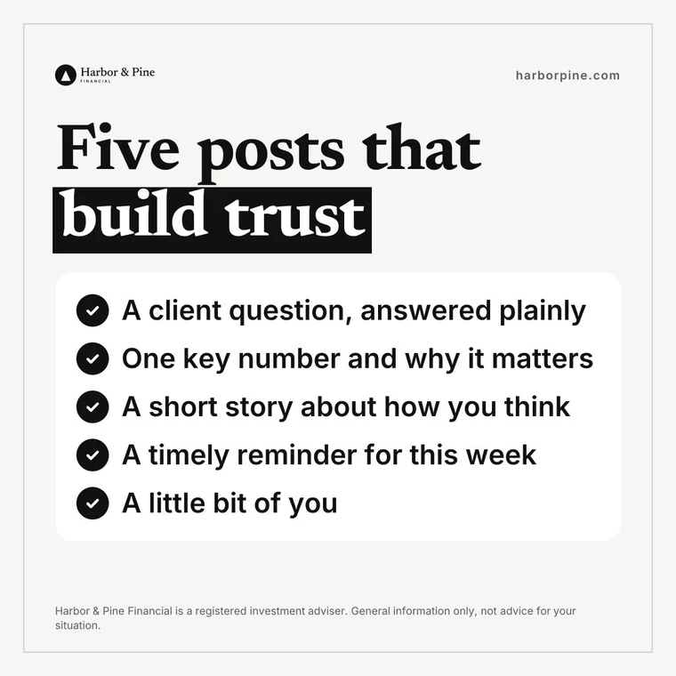 Five post types for a full week. Another graphic Watt drew for the sample firm Harbor & Pine Financial.