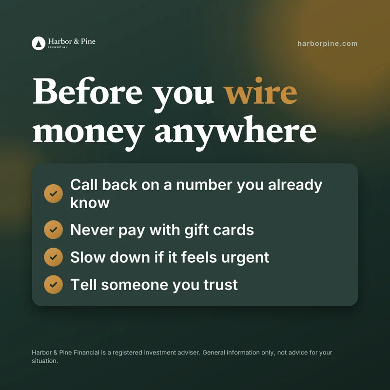 Before you wire money, a social media graphic made by Watt for Harbor & Pine Financial, a sample firm