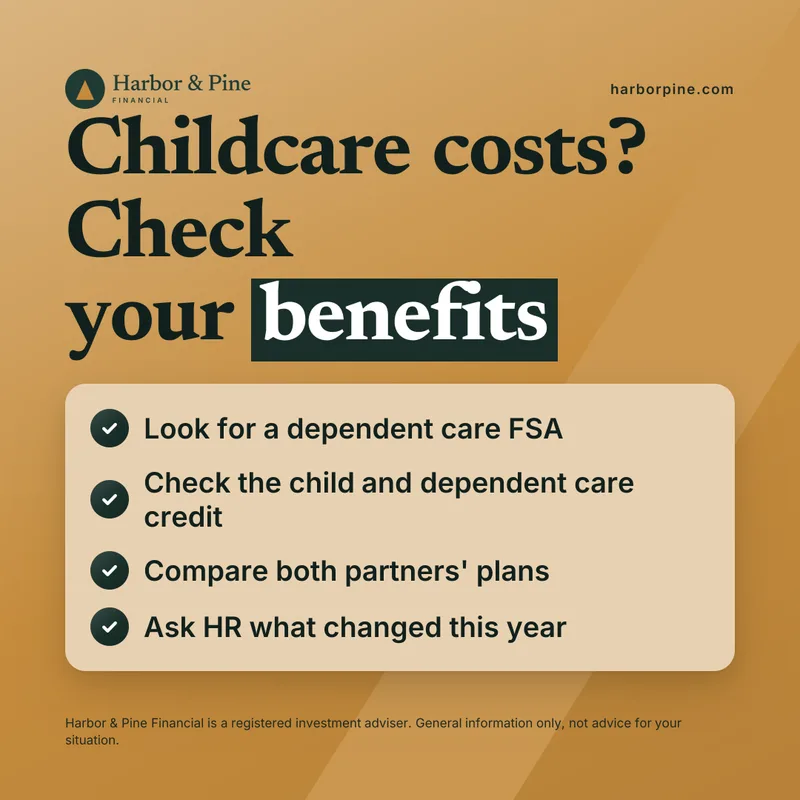Childcare costs, a social media graphic made by Watt for Harbor & Pine Financial, a sample firm
