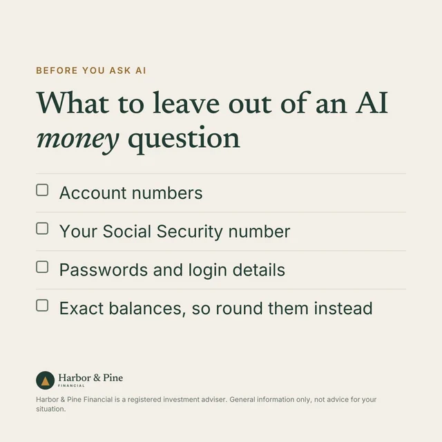A LinkedIn post graphic, What to leave out of an AI money question